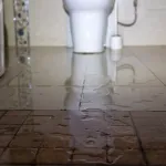 Water damage due a broken pipe or toilet. Moisture problem and wet floor. Horizontal, selective focus