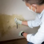 Man with nose mouth protection measures the moisture level on a wall with mold in an apartment